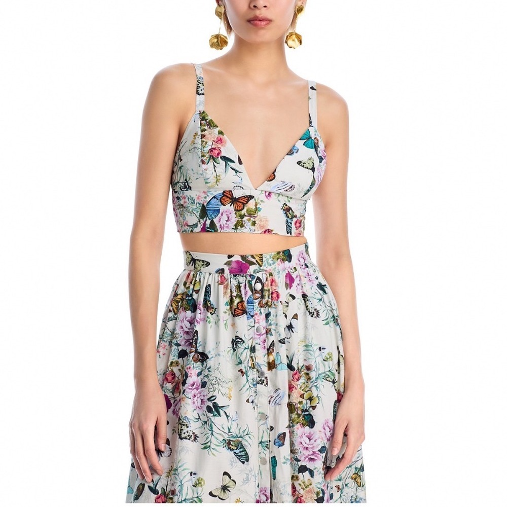 L'AGENCE Kaori Bralette Top Vintage White Butterfly Floral Crop V-Neck Large NEW